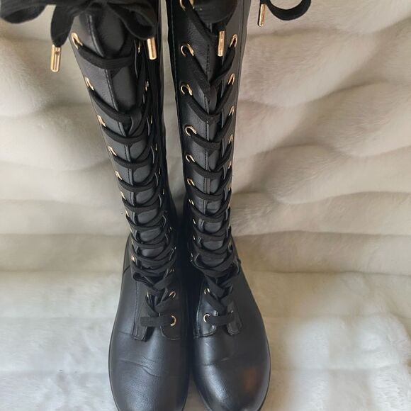 Black vegan leather lace up knee high chunky boots with metallic pink script SZ9 - Picture 5 of 12